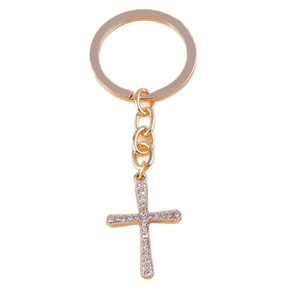 Sparkling crystal rhinestone cross keychain with gold-plated polished metal ring