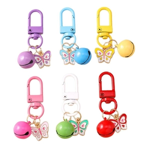 Set of six colorful enamel butterfly keychains with matching bells and gold-plated D-rings