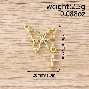 Detailed view of hollow butterfly pendant with white pearls, rhinestones and star charm