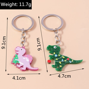 Detailed size specifications for Spinosaurus and T-Rex acrylic keychains, 11.7g weight
