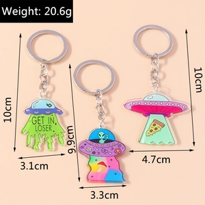 Detailed view of three acrylic UFO keychains with alien themes and metal rings