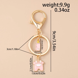 Detailed size specifications for pink baby bottle and onesie keychain with measurements