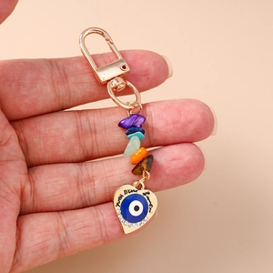 Colorful evil eye heart keychain with natural stones and sparkling rhinestones