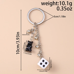 Detail view of bear keychain with dimensions showing 10cm total length and 10.1g weight