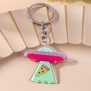 Detailed close-up of a creative UFO pizza acrylic keychain with a silver metal ring