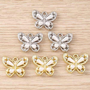 Pack of 6 butterfly charms with rhinestones and pearls for jewelry making