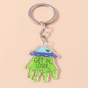 Detailed close-up of acrylic UFO keychain with Get In Loser text and green light beam