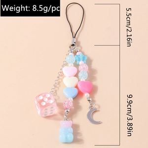 Détail du bijou de téléphone en perles colorées avec ourson et dimensions indiquées