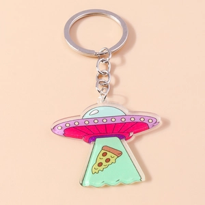 Detailed view of creative acrylic UFO keychain with colorful flying saucer and pizza beam