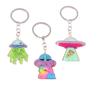 Three-piece acrylic UFO and alien keychains featuring Get In Loser slogan and fun designs