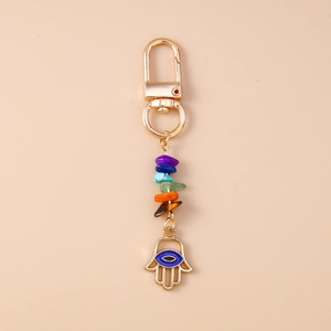 Detailed view of Hamsa Hand and Evil Eye keychain with colorful natural stones