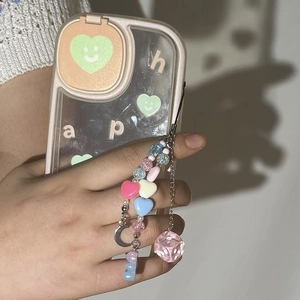 Coque transparente Y2K avec smileys cœur et dragonne de poignet en perles d'ours colorées