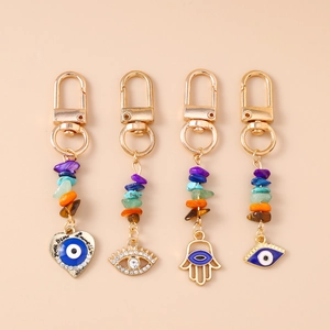 Creative evil eye keychains with colorful gravel beads and rhinestone heart pendants