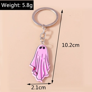 Pink cartoon ghost keychain with silver ring and detailed size and weight markings