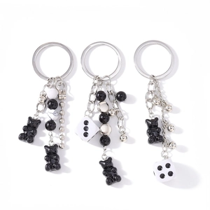 Fashionable animal bear keychain set with dice and black and white beaded bag charms