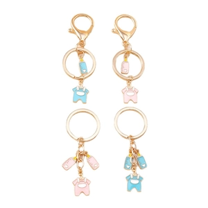 Cute baby bottle and bodysuit keychain charms in pink and blue with gold finish