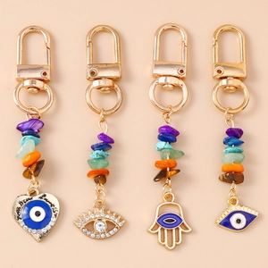 Bohemian Alloy Evil Eye Keychain With Natural Crushed Stone Rhinestone Hamsa Hand Heart Pendant Fashion Bag Charm Jewelry
