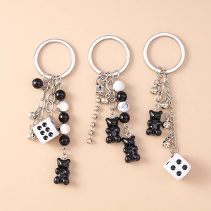 Fashion Dice Gummy Bear Keychain For Women Metal Chain Resin Beads Bag Pendant Charm Accessories Black White Silver