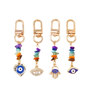 Golden Evil Eye keychains with Hamsa Hand and colorful natural stone beads set