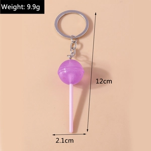 Detail view of purple glitter resin animal lollipop keychain with dimensions and silver ring