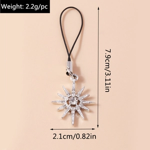 Macro view of silver star pendant with rhinestones and detailed size dimensions