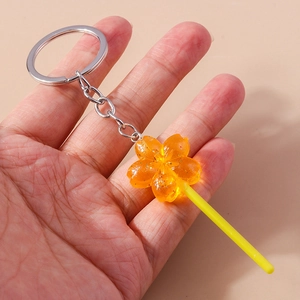 Creative orange cherry blossom lollipop keychain with glitter resin flower and silver ring