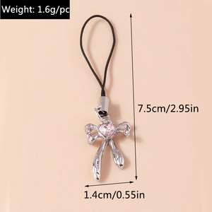 Silver bow pendant with pink heart gemstone and 1.6g weight display on orange backdrop