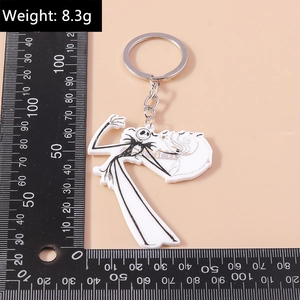 Detail view of Jack Skellington acrylic keychain with silver ring and weight measurement