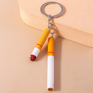 Creative cigarette shaped keychain with realistic glowing tip and metallic ring set