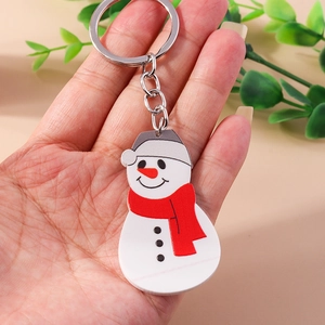 Fashionable Christmas snowman acrylic keychain with silver metal ring and red scarf