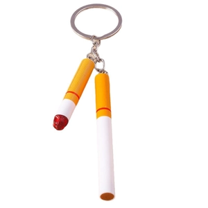 Creative lit cigarette keychain with realistic glowing tip and metal ring pendant