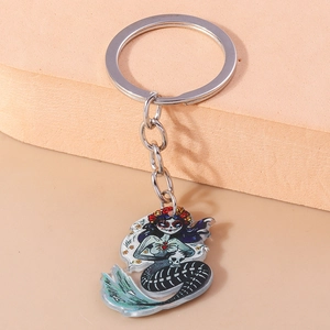 Detail of acrylic Day of the Dead skeleton mermaid keychain with colorful floral crown