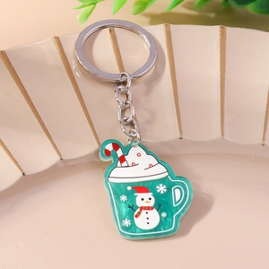 Detail of Christmas snowman mug acrylic keychain with candy cane and metal ring