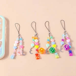 Dragonne de Téléphone en Perles de Résine Colorée Y2K Pendentif Ours Cœur Étoile Dés Bracelet de Poignet pour Femme Décor