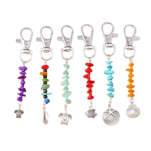 Marine theme keychains with sea turtles, starfish, and natural colorful gemstones
