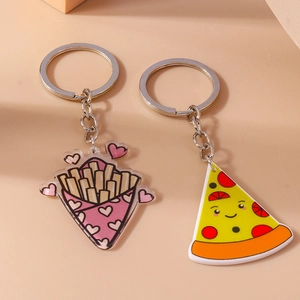 Set di portachiavi in acrilico con pizza sorridente e patatine fritte stile cartone