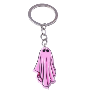 Porte-clés fantôme rose de dessin animé avec anneau argenté pour Halloween, style sobre