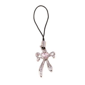 Silver bowknot phone charm with a pink heart crystal on a sleek black cord lanyard