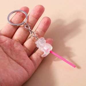 Detailed macro of a translucent unicorn lollipop keychain with glitter in hand