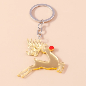 Detailed view of yellow reindeer acrylic keychain with silver link chain and metal ring