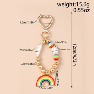 Détail du porte-clés perles arc-en-ciel avec fermoir cœur et dimensions du produit