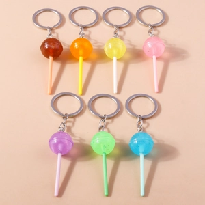 Set of 7 colorful glitter lollipop resin keychains with silver metal rings and chains