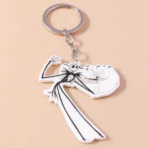 Macro shot of Jack Skellington acrylic keychain with durable silver metal ring and chain