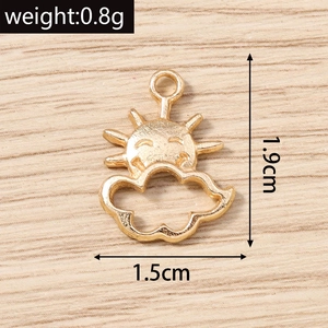 Close-up of a sun and cloud pendant with dimensions showing 1.9cm height and 1.5cm width