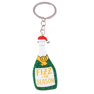 Christmas champagne bottle keychain with green sequins and Fizz the Season label