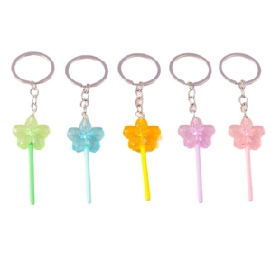 Five colorful animal flower lollipop keychains with glitter resin and silver rings