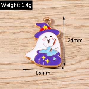 Macro view of a Halloween ghost charm with purple wizard hat and potion cauldron