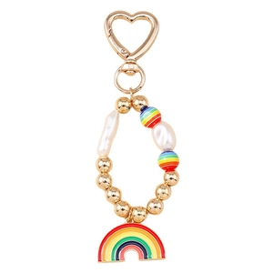 Porte-clés perles arc-en-ciel avec fermoir cœur doré et perles pour accessoire sac
