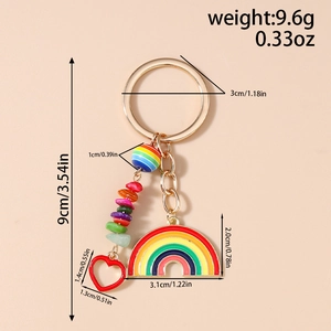 Detailed view of rainbow keychain showing dimensions 9cm length and weight 9.6g specifications