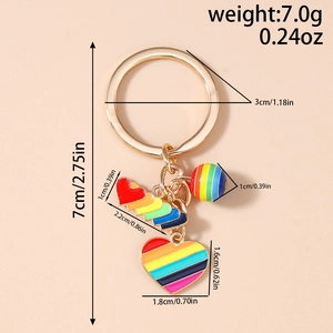 Detailed view of rainbow heart keychain with dimensions and weight 7.0g 0.24oz